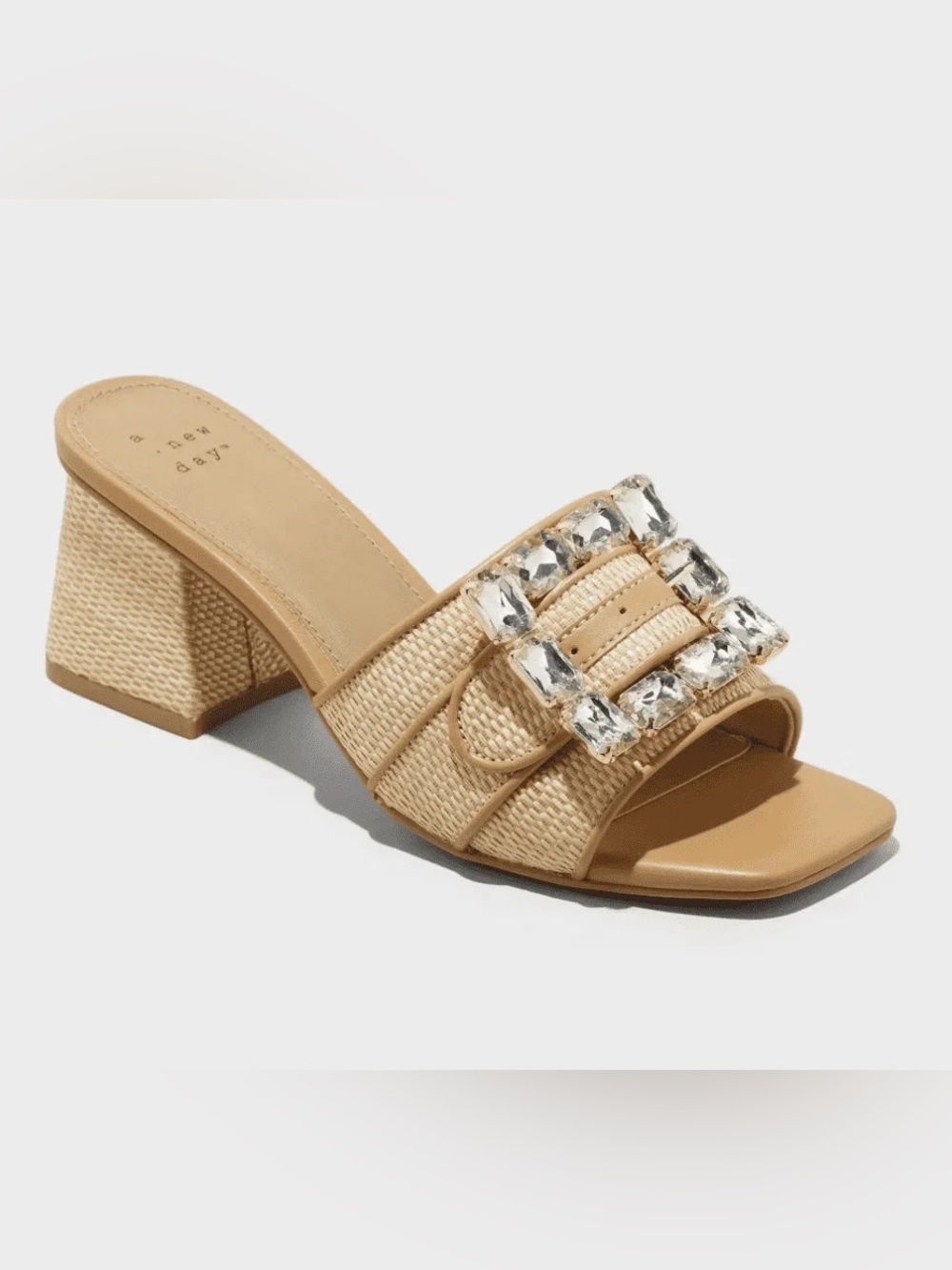 Women's Kathleen Raffia Buckle Block Heels - A New Day Beige 7.5